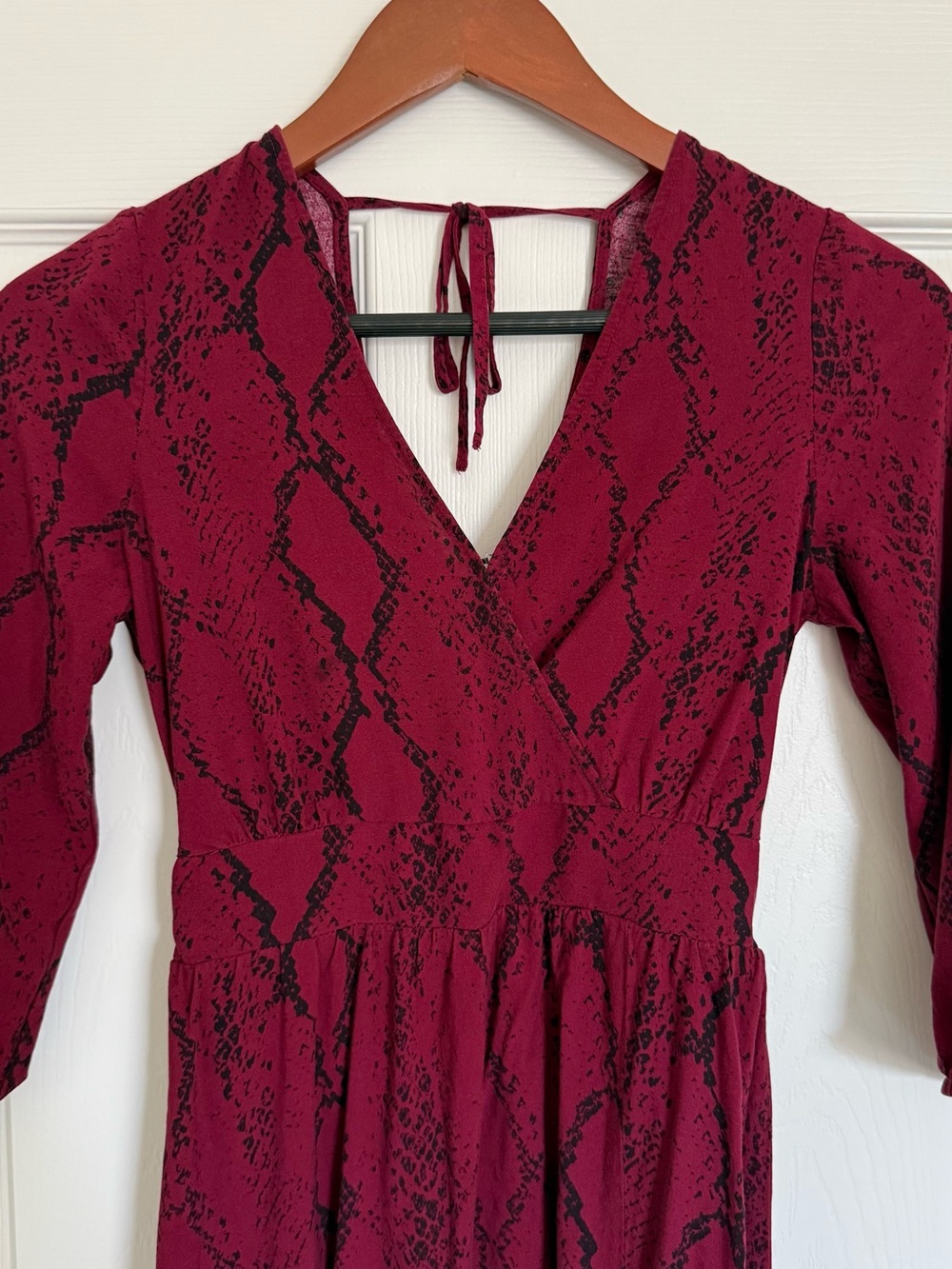 Express Burgundy and Black Snake-Print Long Sleeve Wrap Dress